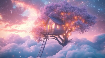 Pastel treehouse nestled in clouds with a ladder and twinkling lights creating a dreamy atmosphere at twilight