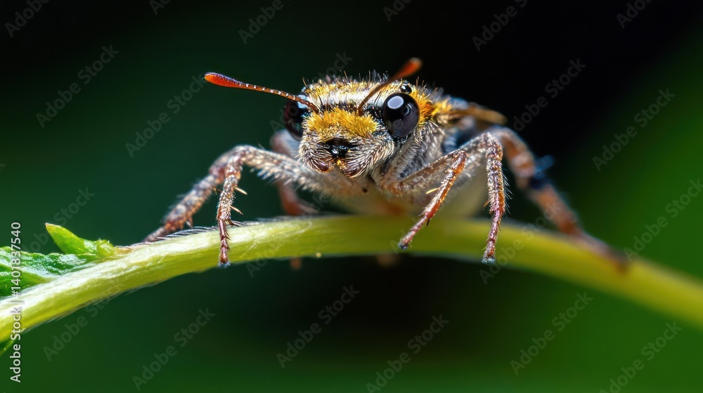 Poster detailed close up showcases a speckled beetle perched on a vibrant green leaf against a blurred back