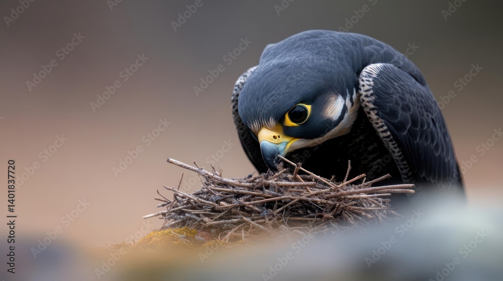 Aufkleber Close-up of a falcon tending to its nest made of twigs. The falcon has dark feathers and a sharp yellow beak. The background is blurred, focusing attention on the bird and its nest