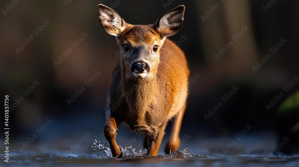 Poster close-up shot of a brown deer running in shallow water. the deer is covered in droplets and lit by m