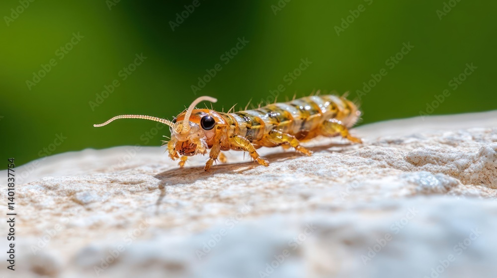 Poster close-up macro shot of a golden and brown insect with a segmented body, antennae, and multiple legs,