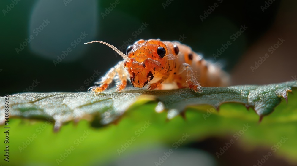Aufkleber close up shot of a small orange insect on a green leaf, the insect features distinctive black spots 
