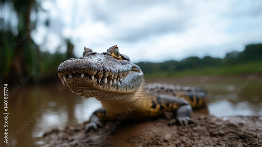 Aufkleber Close up shot of a caiman with focus on its head resting in mud, displaying yellow and black markings, with a blurred background of water and trees under a cloudy sky in a natural setting