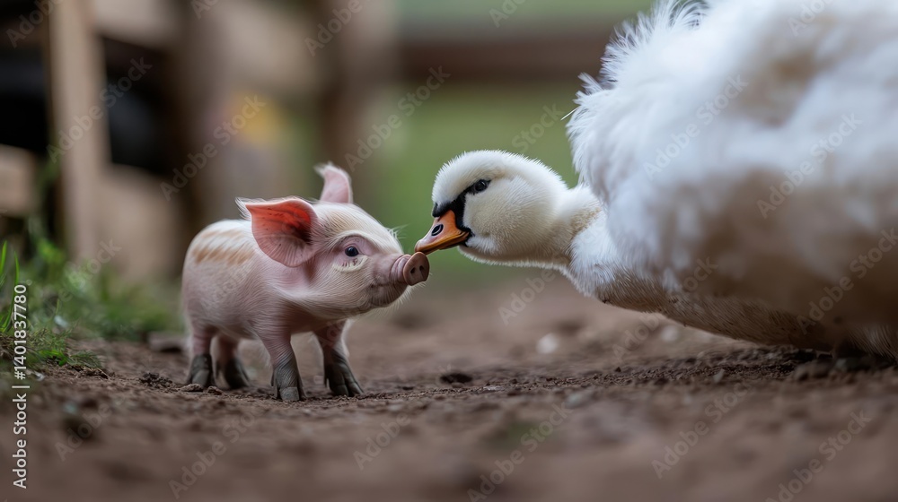 Poster a heartwarming eye-level shot of a small pink piglet touching noses with a large white swan on a tex