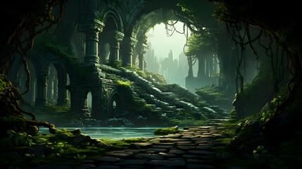 Pixel Art Depiction of Overgrown Stone Ruins with Arches and Lush Greenery and Reflection on Water Surface with Atmospheric Lighting