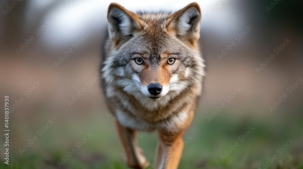 Poster close-up of a coyote with light brown and tan fur in an outdoor setting. the coyote is walking towar