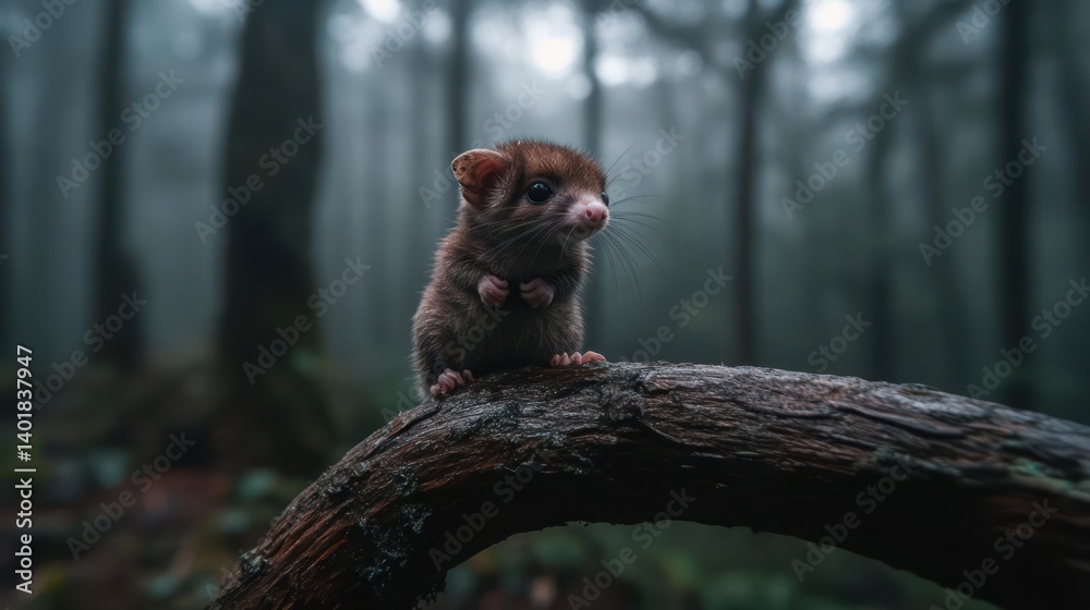 Poster a small brown furry animal with its paws held up sitting on a branch in a dim forest with a blurred 