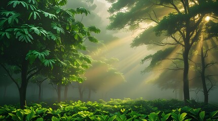 Lush green forest with sunbeams filtering through the trees, misty atmosphere, early morning light.