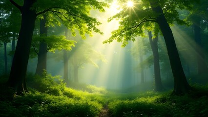 Lush green forest with sunbeams filtering through the trees, misty atmosphere, early morning light.