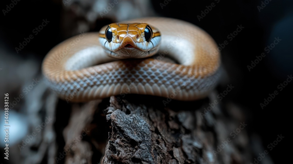 Poster Close-up of a beige snake coiled on a weathered tree branch. The snake features a golden head and black eyes, gazing directly at the camera. The background is dark and out of focus, highlighting the