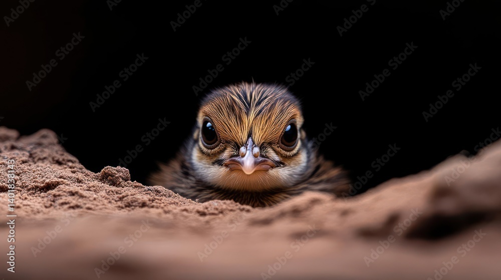 Poster close-up shot of a small brown bird with distinctive facial patterns, peeking out from a sandy burro