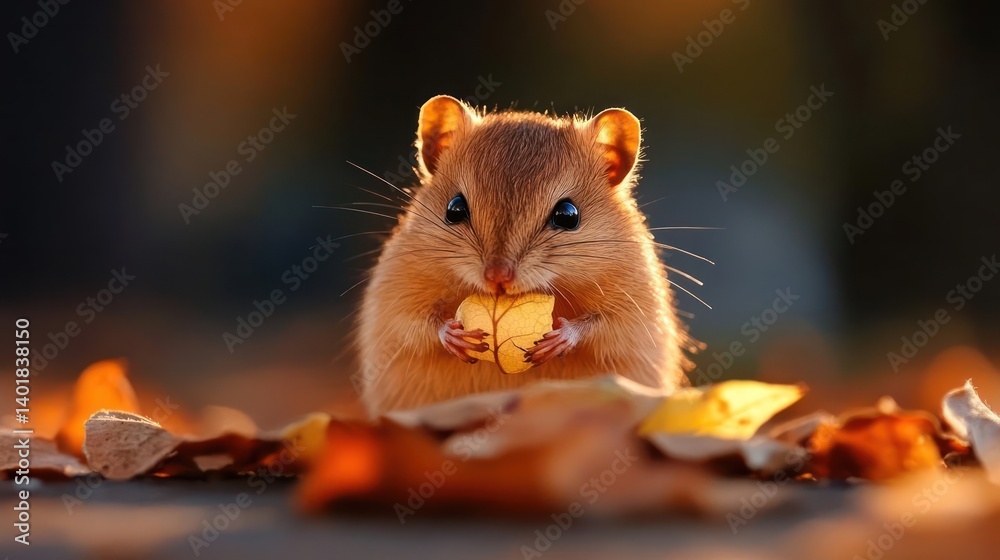 Poster close up shot of a chipmunk holding a leaf with both hands, surrounded by leaves in soft diffused li