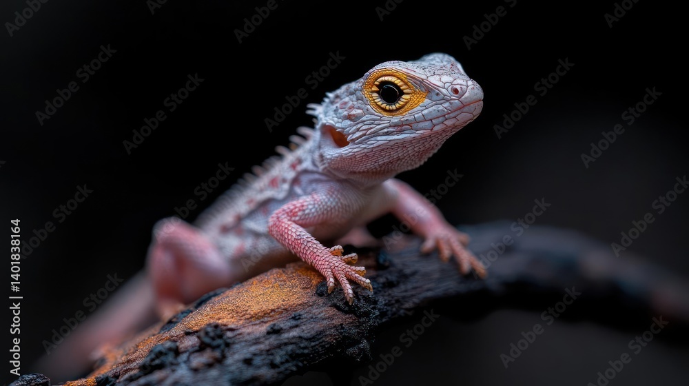 Poster macro shot of a juvenile lizard with white scales and reddish spots perched on a dark branch against
