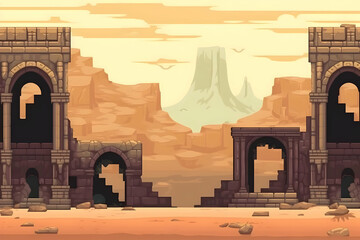Pixel Art Desert Landscape Featuring Ancient Stone Ruins Arches with a Distant Mountain Under a Pale Sky in an Outdoor Setting