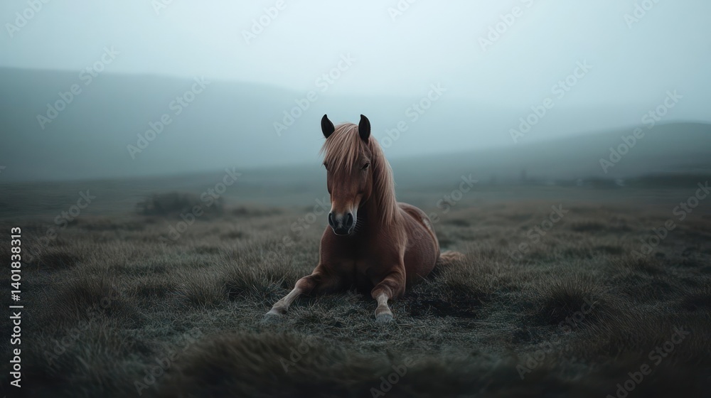Aufkleber a chestnut horse is lying in a field of green grass in a dim environment, with rolling hills in the 