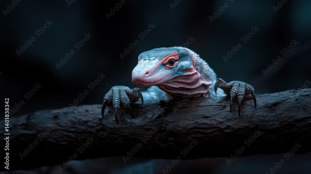 Poster Close up of a monitor lizard on a branch, showcasing its textured skin and claws. The image features a cool color palette with the lizard's blue and pink tones contrasting against the dark branch and