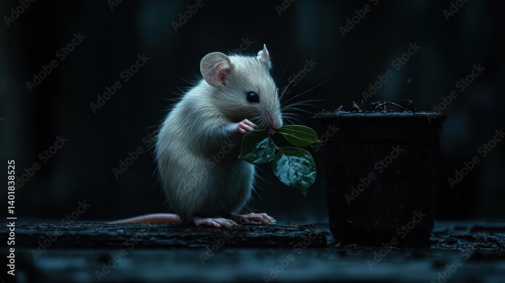 Poster close up of a small brown mouse holding a green leaf near a black pot with soil on a dark wooden sur
