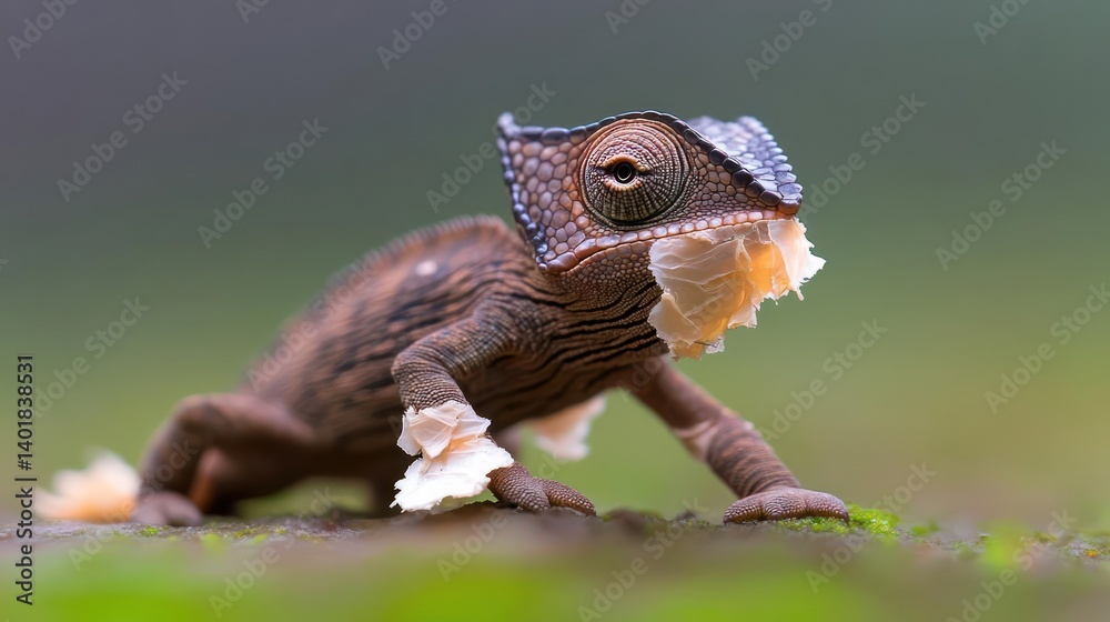 Poster close-up shot of an earthy-toned chameleon with intricate patterns, perched on a mossy surface. its 