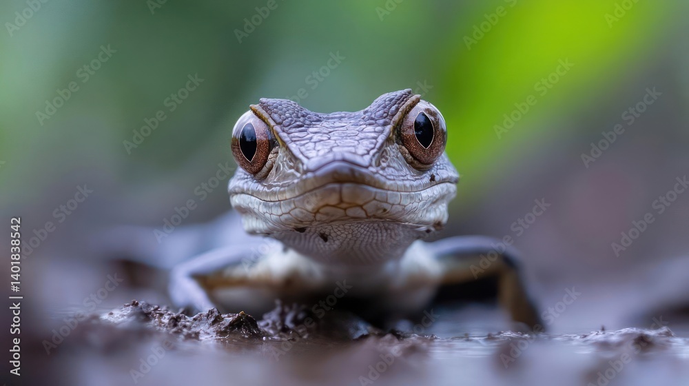 Poster close up of a small brown lizard with large eyes looking directly at the camera, set against a blurr