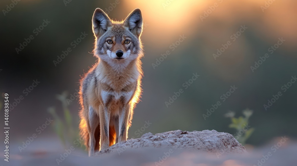 Aufkleber A coyote stands on a sandy patch with soft, golden light highlighting its fur. The background is blurred with hints of green vegetation, creating a serene and natural setting