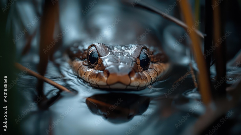 Fototapete a close-up image captures a snake in water, its head and reflection visible. the snake is brown with