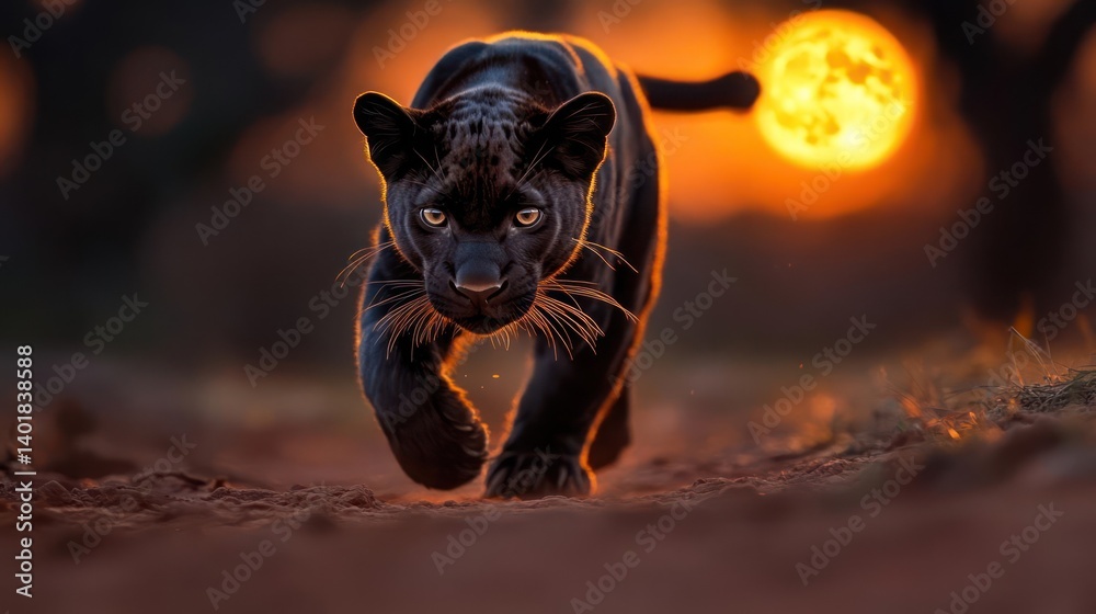 Aufkleber a powerful black panther strides forward in a low angle shot, its fur gleaming in the warm sunset li