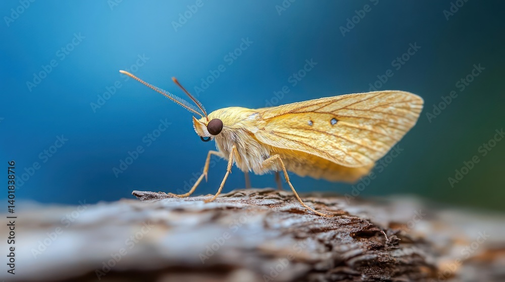 Poster Side view macro shot of a moth perched on a textured bark surface against a soft blue and green blurred background. The moth is light brown, showcasing its intricate wing patterns in sharp detail