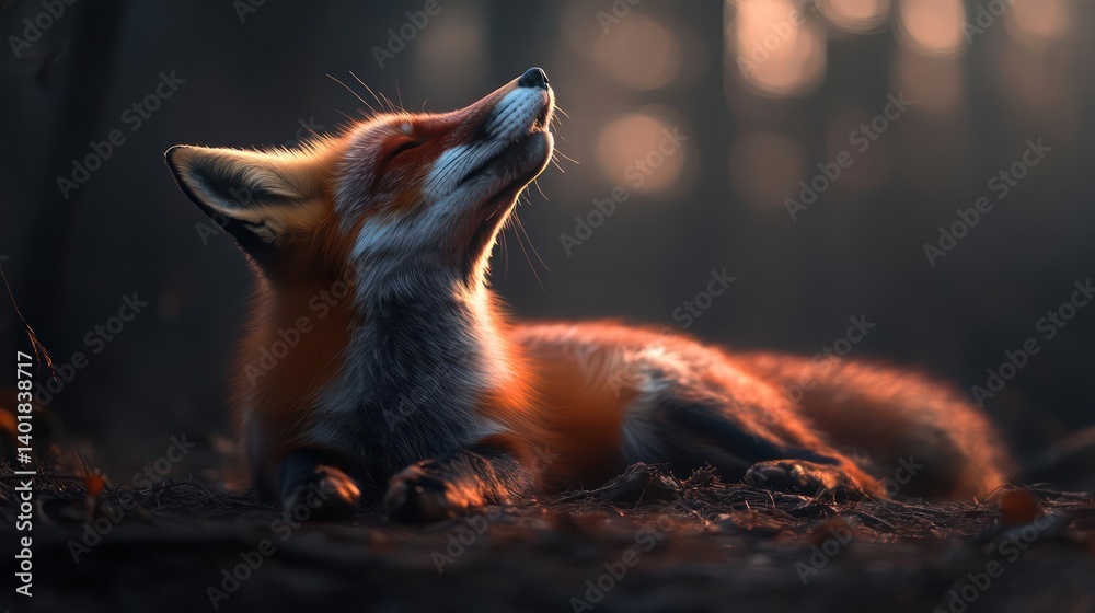 Poster an orange fox rests on the forest floor, bathed in warm, golden sunlight. the fox, with its head til