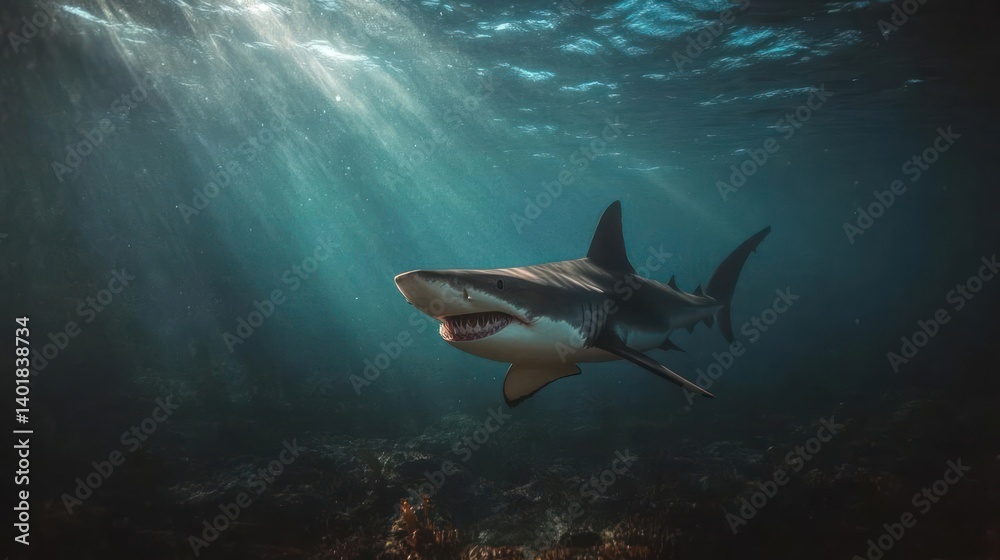 Poster Underwater view of a great white shark swimming in deep blue water. Sun rays penetrate from above, creating a serene yet powerful image. The shark's features are visible and stand out in the blue