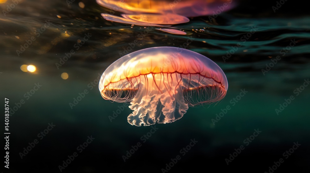 Poster A mesmerizing close-up captures a jellyfish gracefully floating in dark, clear water. Sunbeams glisten on the surface, illuminating the aquatic scene with a captivating play of light and shadow