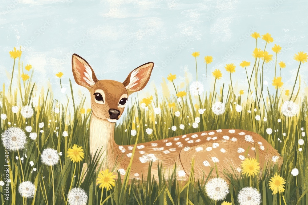 Poster Peaceful deer rests in a field of colorful dandelions surrounded by vibrant nature
