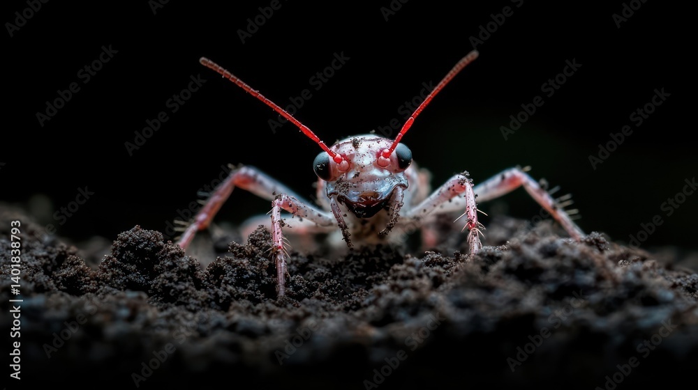 Aufkleber Macro shot of a unique insect with intricate patterns and textures standing on soil. The insect has red antennae and distinct features, highlighted against a dark background