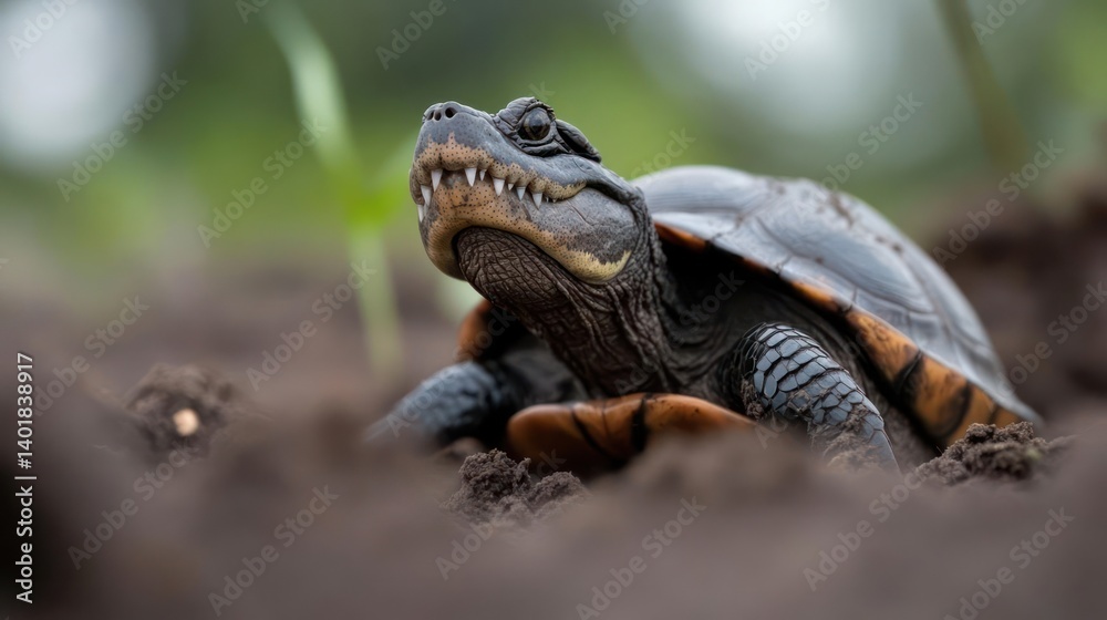 Poster a detailed close-up captures a black and brown turtle emerging from dark soil, set against a blurred