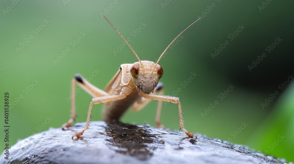 Poster detailed eye-level close-up of a light brown grasshopper with dark legs, perched on a wet, dark rock