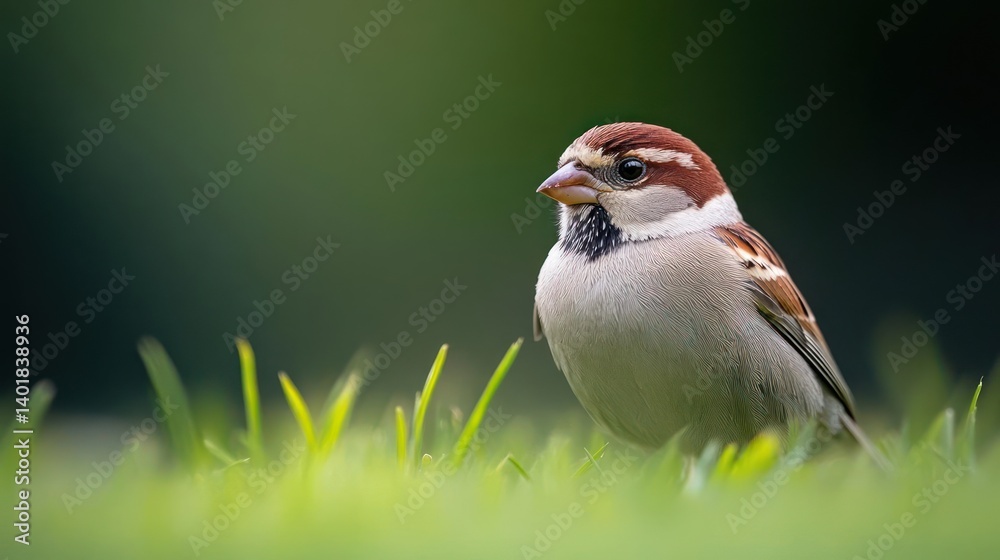 Aufkleber a sparrow perched on green grass in the foreground with a blurred green backdrop. the bird has brown