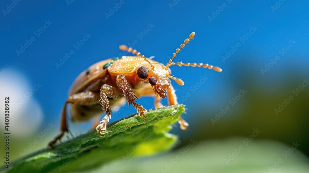 Poster a close-up shot features an orange beetle perched on a green leaf against a blurred blue sky. the be