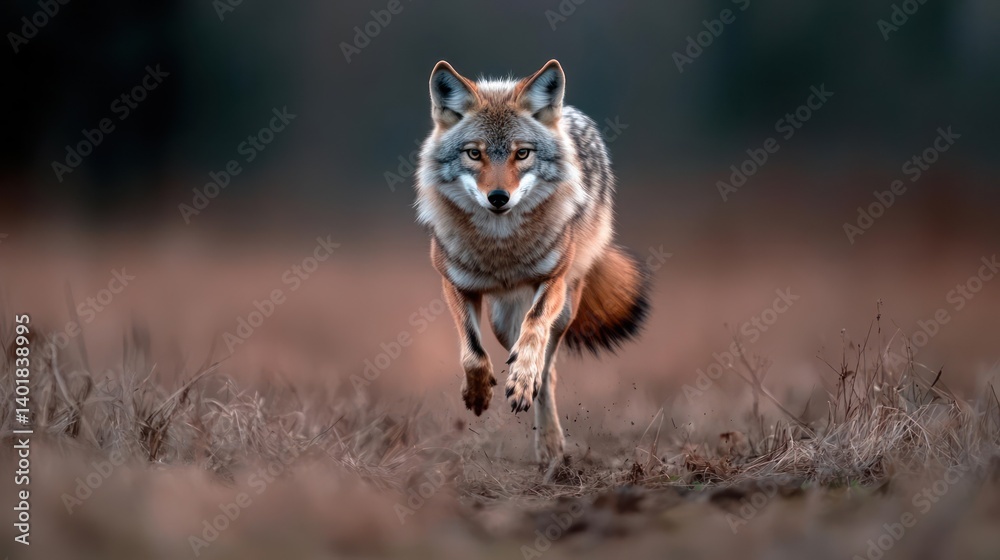 Poster A coyote captured in motion, running across a field with dry grass. The coyote's coat features a mix of brown, gray, and white fur. The background is blurred, focusing attention on the animal's