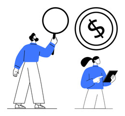 Man holding magnifying glass and woman using a tablet analyzing a dollar sign. Ideal for finance, business management, data analysis, investment, teamwork, strategy, research. Flat simple metaphor