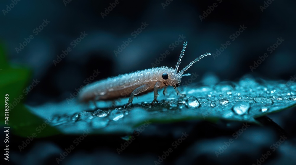 Aufkleber Close-up captures a moth resting on a leaf adorned with water droplets, rendered in cool blue tones. The moth is detailed, set against a blurred background that highlights its texture and the