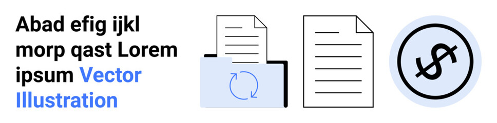 Documents, folder with refresh arrows, and financial badge. Ideal for file management, cloud storage, finance, collaboration, workflow, synchronization simple landing page