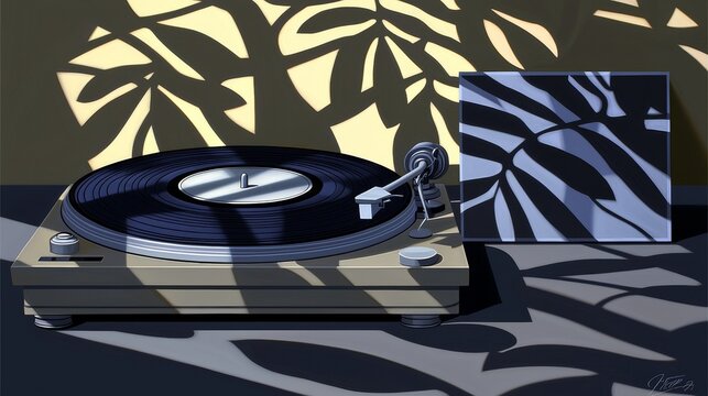 Vintage Turntable with Vinyl Record and Leaf Shadows on a Retro Background
