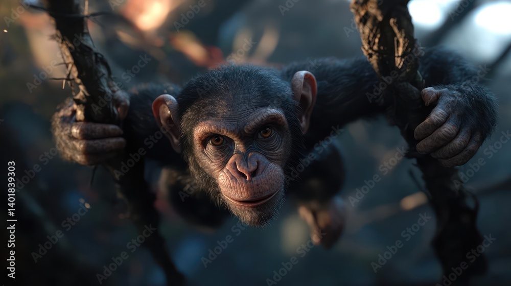 Poster an immersive portrait captures a chimpanzee hanging from tree branches, with a direct gaze and a sli