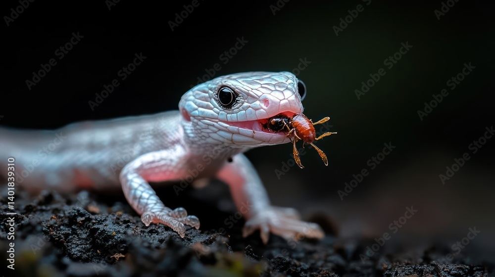 Poster close-up shot of a light gray salamander with a reddish hue, devouring a shiny brown beetle against 