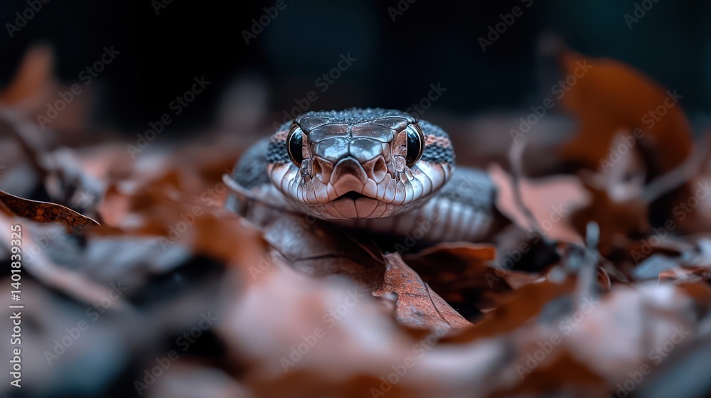 Poster close-up shot of a coiled snake with its head facing forward, nestled among fallen leaves. the color