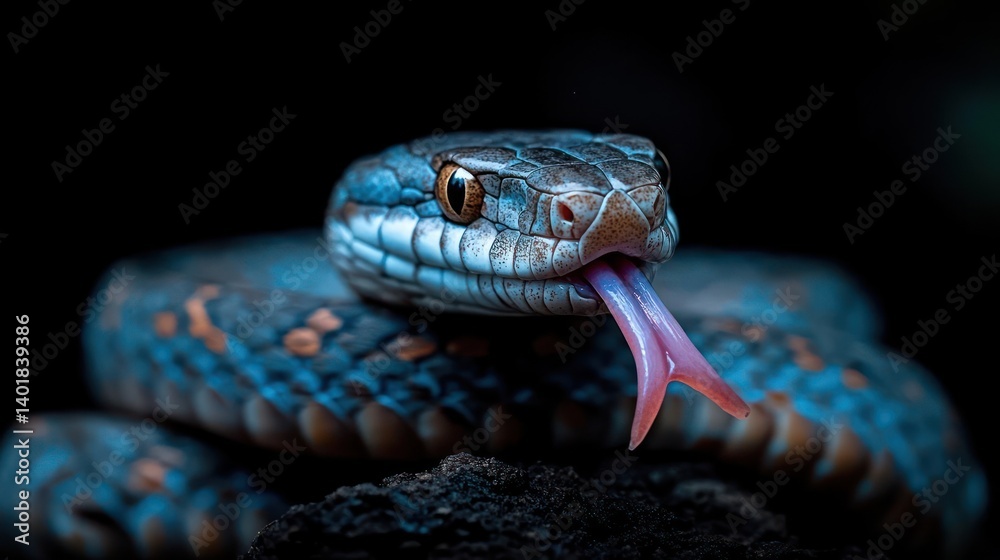 Aufkleber Dramatic close-up of a blue-gray snake coiled on a dark surface against a stark black backdrop. The reptile's head is centered, with its tongue extended, creating a dynamic focal point. The snake's