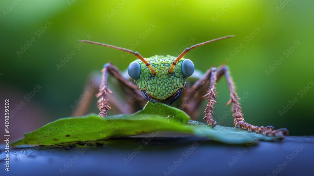 Poster a close-up shot reveals a colorful ant with a green head and reddish-brown limbs, resting on a leaf 