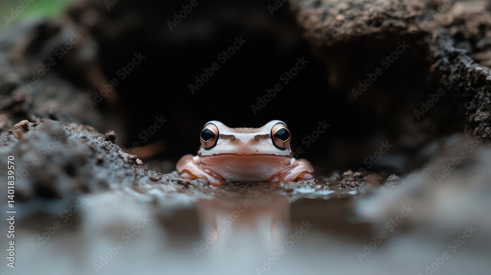 Poster a close-up shot features a small, beige frog with distinctive eyes, partially submerged in water wit