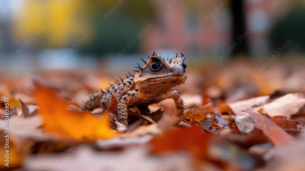 Poster a close up of a thorny devil lizard blending in with the fallen orange leaves. the scales of the liz