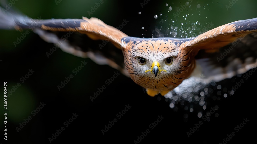 Poster Close-up shot of a bird of prey, featuring a yellow beak and blurred background. The bird is captured mid-flight, with a shallow depth of field enhancing the focus on its intense gaze. Dark