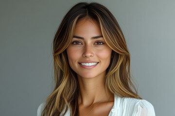 Naklejka premium Brunette woman smiles with highlights and a buttoned top against grey backdrop